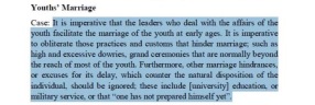 According to the book that Tawhidi was distributing, practices should be "obliderated" that prohibit youth from marrying